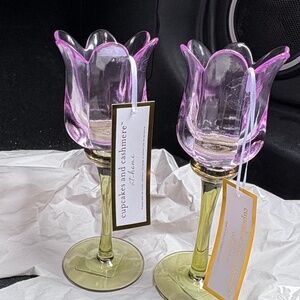 New-Set of 2 cupcakes & cashmere 7.5”  purple green Tulip Votive Candle Holder